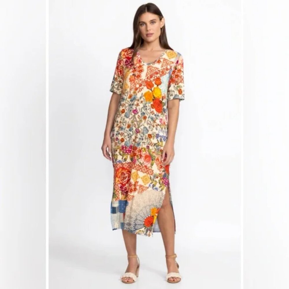 Johnny Was Tango Maxi T-Shirt Dress Floral Patchwork Multi T33723-5 XS NEW